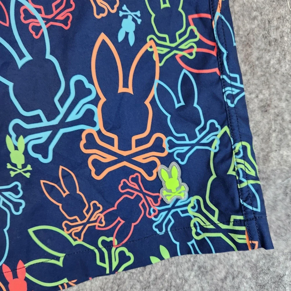 NEW Psycho Bunny Swim Trunks Men 3XL Blue Neon Bunny Print Mesh Lined Shorts